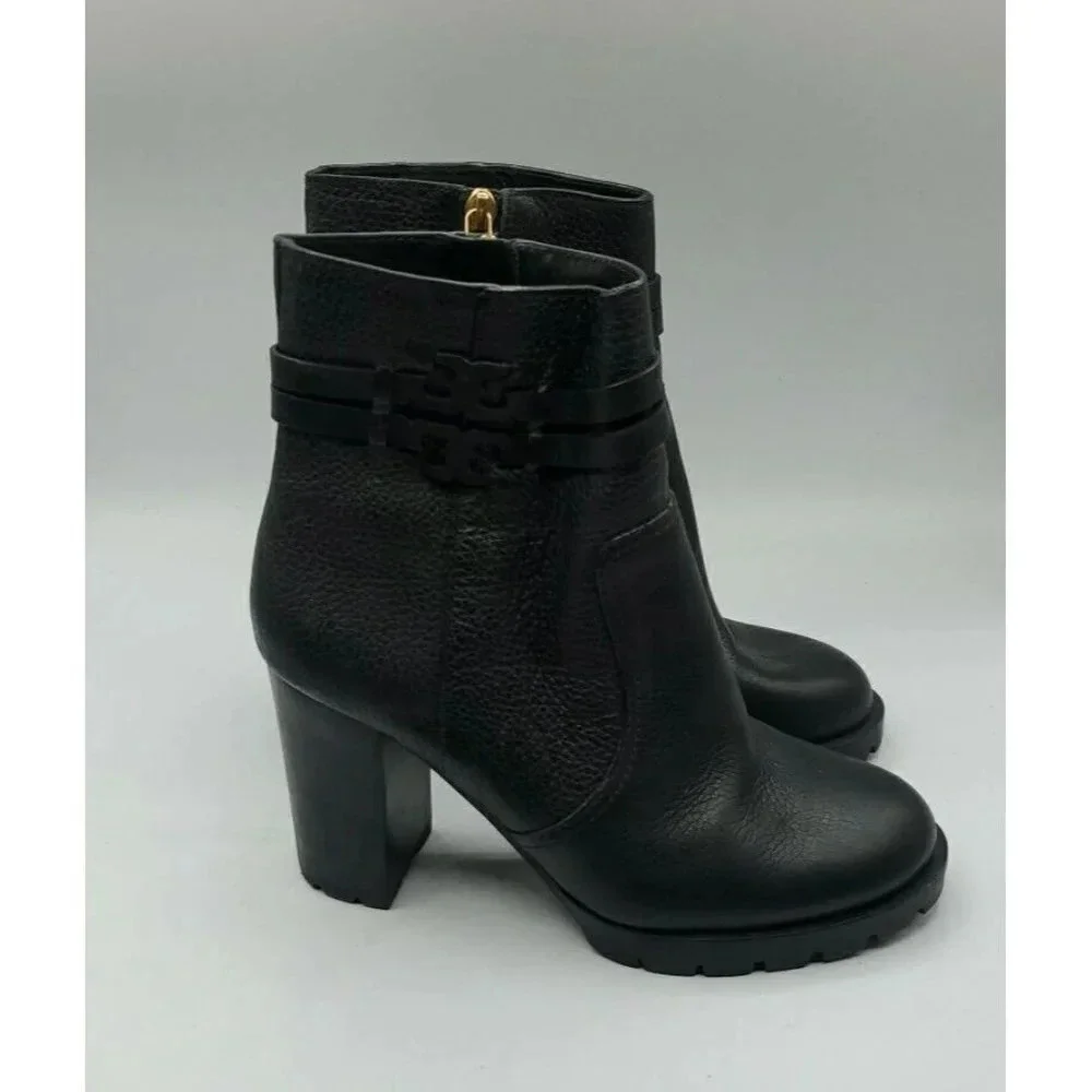 Tory Burch Leigh Black Leather Lug Sole With Logo Boots River Rock SZ 7.5   NWOB